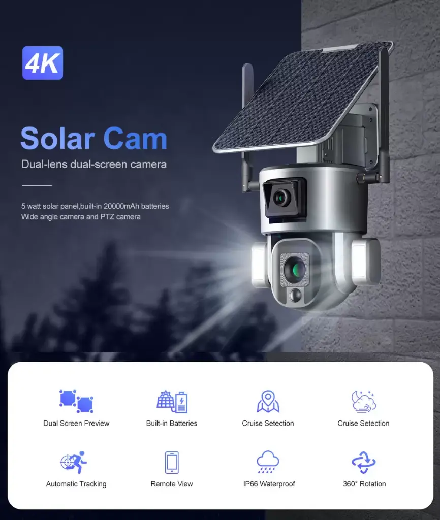AADI Dual Lens 4K PTZ Camera WIFI with Solar Panel